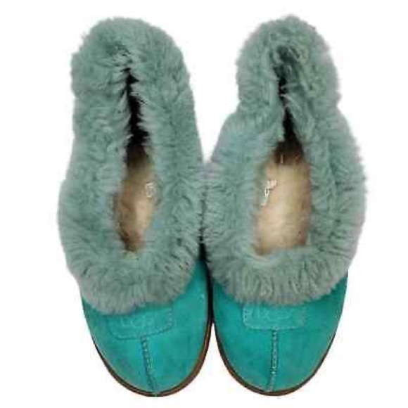UGG | Turquoise Genuine Suede Leather Wool Lined Loafers House Shoes Slippers 8‌ - Picture 1 of 6